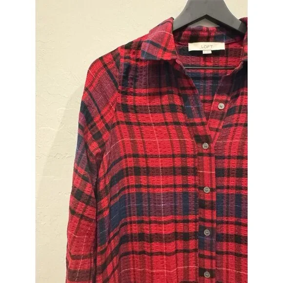Loft Plaid Mini Shirt Dress Long Sleeve Size Small NWOT Red - Picture 12 of 14